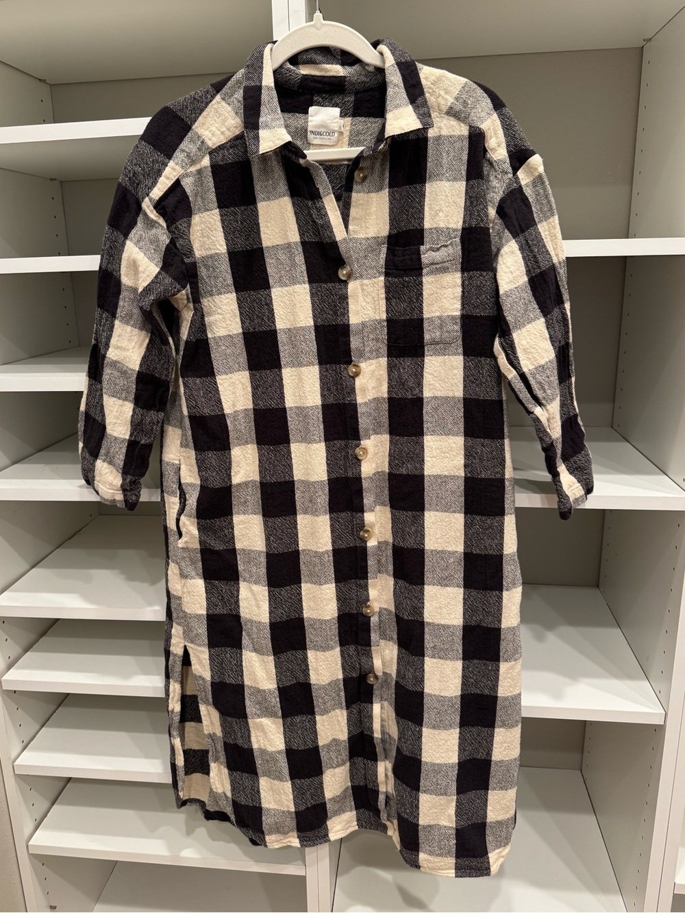 Indi & Cold Black and Cream Checked 100% Organic Cotton Midi Shirt Dress, Size M